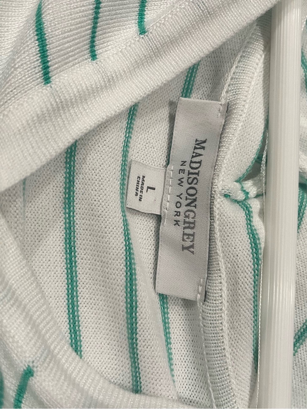 White Sweater with Teal Stripes